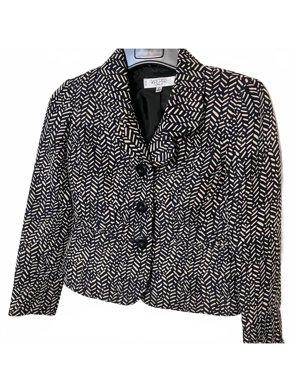 Kasper Petite Career Office Wear Black White Abstract 3 Button Blazer Jacket 2P